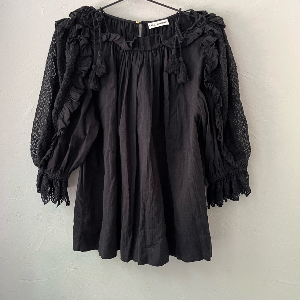 Ulla Johnson Black Ruffle Lace Sleeve Blouse With Tassel Neckline 4
